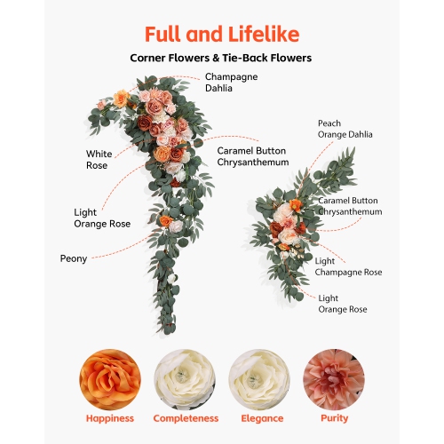 VEVOR Artificial Wedding Arch Flowers Kit, Orange Wedding Arch Flowers with Drapes Kit - 2 Pcs Floral Arrangement, 3 Pcs Sheer Drapes, for Ceremony