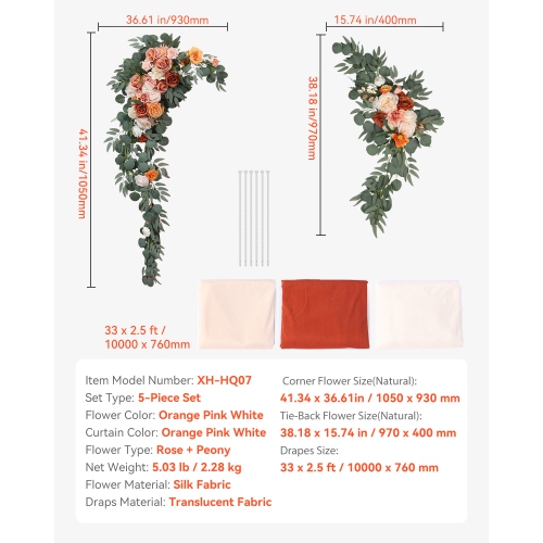 VEVOR Artificial Wedding Arch Flowers Kit, Orange Wedding Arch Flowers with Drapes Kit - 2 Pcs Floral Arrangement, 3 Pcs Sheer Drapes, for Ceremony