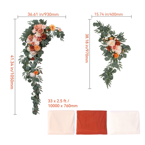 VEVOR Artificial Wedding Arch Flowers Kit, Orange Wedding Arch Flowers with Drapes Kit - 2 Pcs Floral Arrangement, 3 Pcs Sheer Drapes, for Ceremony