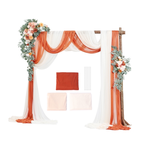 VEVOR Artificial Wedding Arch Flowers Kit, Orange Wedding Arch Flowers with Drapes Kit - 2 Pcs Floral Arrangement, 3 Pcs Sheer Drapes, for Ceremony