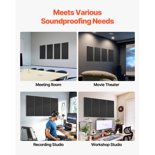 VEVOR 4 PCS Acoustic Panels, 2 inch Thick 23.6 x 11.8 inch Fiberglass Sound Absorbing Panels, Self-adhesive Soundproof Wall Boards, for Studios,
