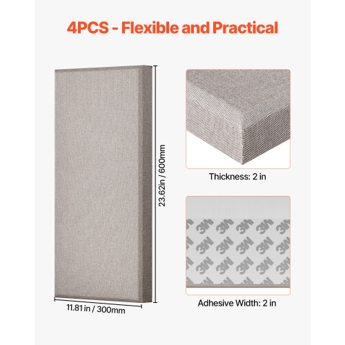 VEVOR 4 PCS Acoustic Panels, 2 inch Thick 23.6 x 11.8 inch Fiberglass Sound Absorbing Panels, Self-adhesive Soundproof Wall Boards, for Studios,