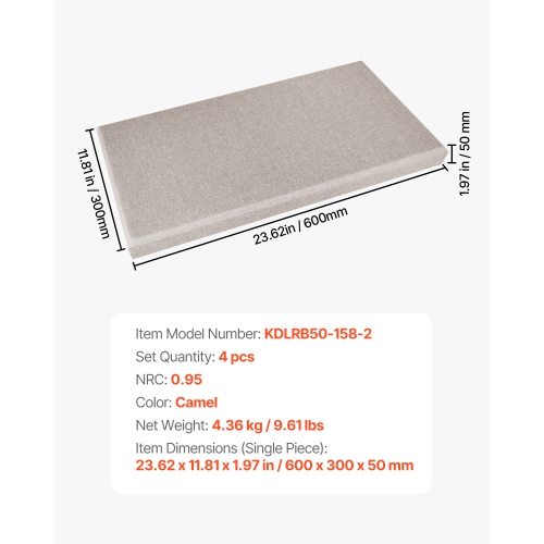 VEVOR 4 PCS Acoustic Panels, 2 inch Thick 23.6 x 11.8 inch Fiberglass Sound Absorbing Panels, Self-adhesive Soundproof Wall Boards, for Studios,