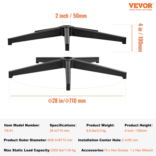 VEVOR 28" Office Chair Base Replacement, 2500 lbs Static Load Capacity, Heavy Duty Universal Computer Desk Chair Stool Base Part with Reinforced