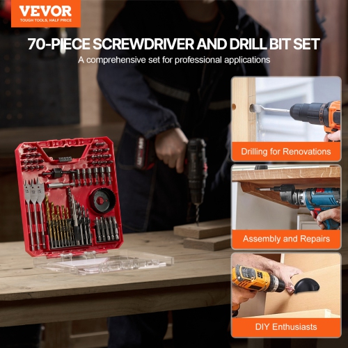 VEVOR 70 Pieces Drill and Driver Bit Set,Screwdriver Bit Set Suitable for Wood Metal Cement Drilling and Screw Driving,Drill Bit Sets Combo Kit