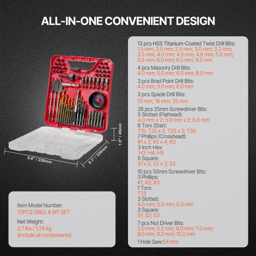 VEVOR 70 Pieces Drill and Driver Bit Set,Screwdriver Bit Set Suitable for Wood Metal Cement Drilling and Screw Driving,Drill Bit Sets Combo Kit