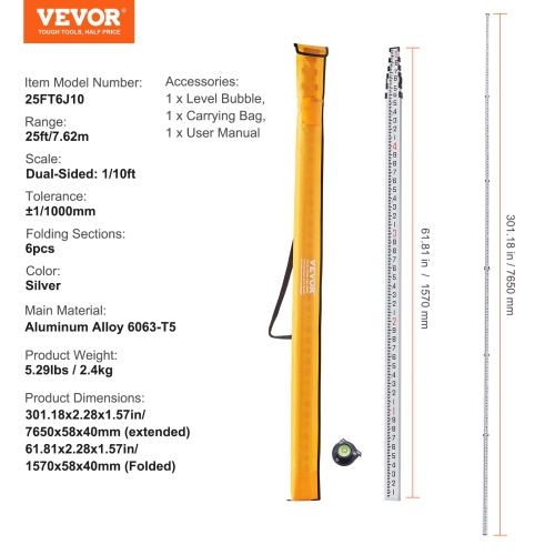 VEVOR 25-Feet/10ths 6 Sections Telescopic Measuring Rod,Double-Sided Scale 1/10ft Leveling Rod Stick,Aluminum Alloy Rod w/ Bubble Level &Carrying Bag