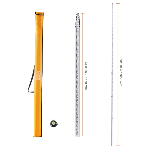 VEVOR 25-Feet/10ths 6 Sections Telescopic Measuring Rod,Double-Sided Scale 1/10ft Leveling Rod Stick,Aluminum Alloy Rod w/ Bubble Level &Carrying Bag