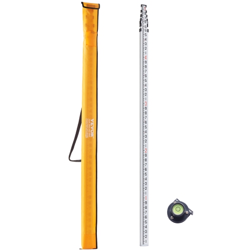 VEVOR 25-Feet/10ths 6 Sections Telescopic Measuring Rod,Double-Sided Scale 1/10ft Leveling Rod Stick,Aluminum Alloy Rod w/ Bubble Level &Carrying Bag