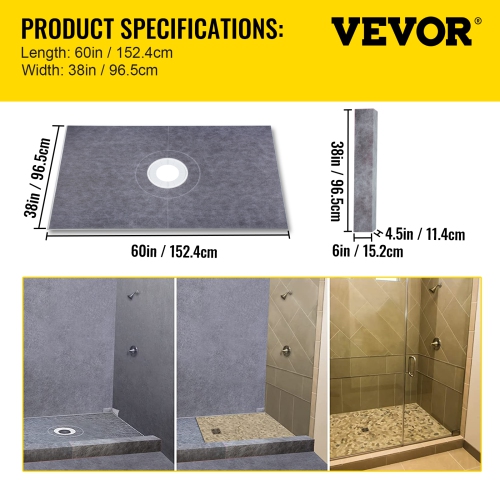 VEVOR 38"x60" Shower Curb Kit,Watertight Shower Curb Overlay with 4" ABS Central Bonding Flange,4" Stainless Steel Grate,2 Shower Curb and