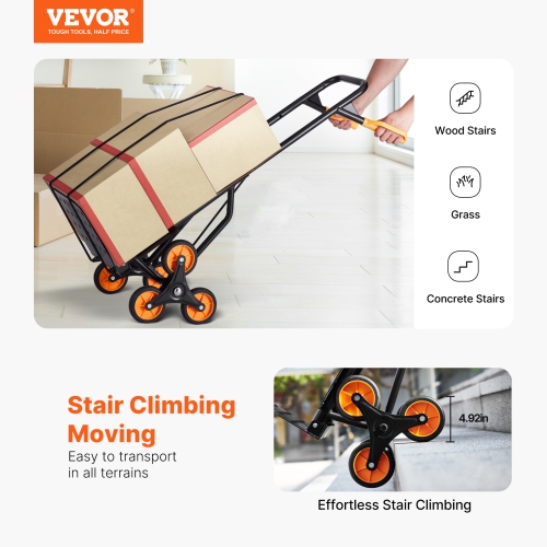 VEVOR 440 lbs Capacity Stair Climber Hand Truck and Dolly, Heavy-Duty Folding Trolley Cart with Dual Handle, 6 Wheels & 2 Elastic Ropes for Home