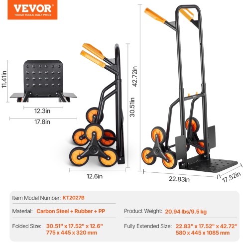 VEVOR 440 lbs Capacity Stair Climber Hand Truck and Dolly, Heavy-Duty Folding Trolley Cart with Dual Handle, 6 Wheels & 2 Elastic Ropes for Home