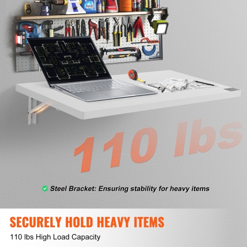 VEVOR 31.5" x 15.75" Wall Mount Drop Leaf Table, Floating Desk with Iron Bracket, Fold Down Desk for Small Spaces, Home Office, Dining, Laundry Room,