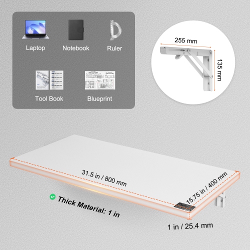 VEVOR 31.5" x 15.75" Wall Mount Drop Leaf Table, Floating Desk with Iron Bracket, Fold Down Desk for Small Spaces, Home Office, Dining, Laundry Room,