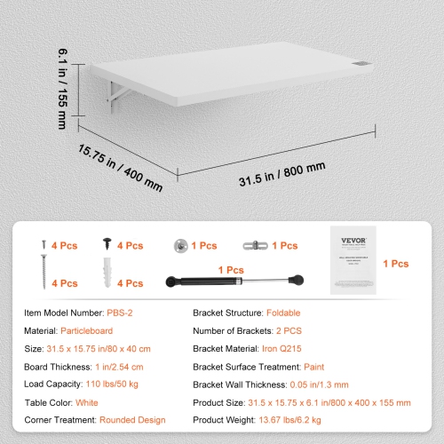 VEVOR 31.5" x 15.75" Wall Mount Drop Leaf Table, Floating Desk with Iron Bracket, Fold Down Desk for Small Spaces, Home Office, Dining, Laundry Room,