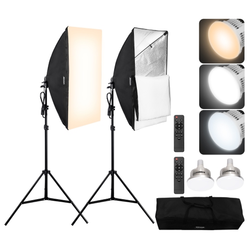 VEVOR  20" X 28" Softbox Lighting Kit, Professional Softbox \w 45W 3000-6500K Led Bulbs, 3 Continuous Lighting Effects, Tripod Stand, Remote Control