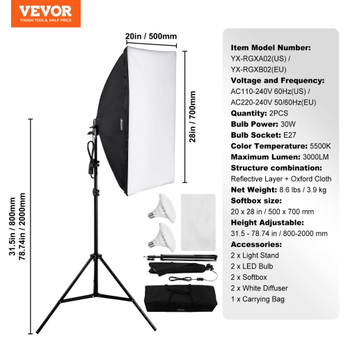 VEVOR 20" x 28" Softbox Lighting Kit, Professional Softbox with 30W 5500K LED Bulbs, Close to Natural Daylight, Adjustable Tripod Stand, Studio
