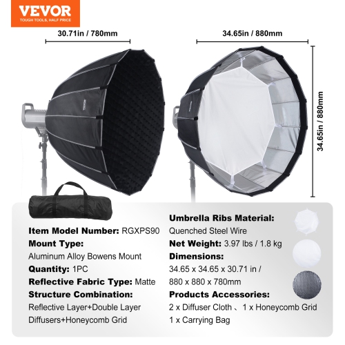 VEVOR 33 in / 850 mm Parabolic Softbox, Quick Release and Quick Fold, Lightweight and Portable, Universal Bowens Mount, 4 Lighting Effects, Fits for