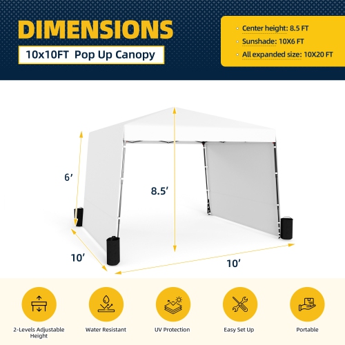 EROMMY 10x10 FT Pop Up Canopy Tent with 2 Sidewalls - Waterproof Instant Shelter for Outdoor Events, Farmers Markets, Backyard Parties - White