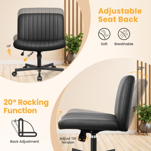 Coolse Ergonomic Armless Office Chair with Wheels - Wide PU Leather Seat, Swivel & Height Adjustable Desk Chair for Home Office, Cross-Legged