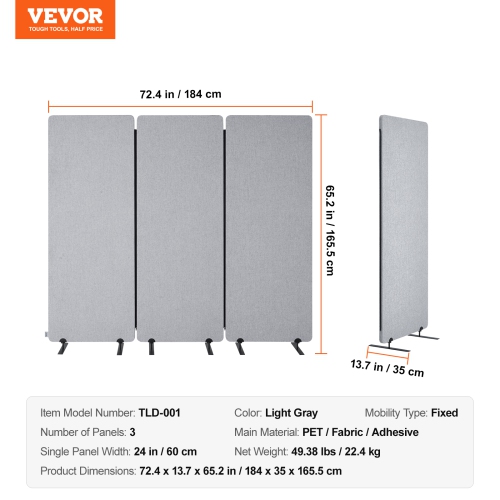 VEVOR 2FT Room Divider, 3 Panels PET Polyester Soundproof Room Screen, Folding Privacy Divider Portable Partition Divider for Room Separation,