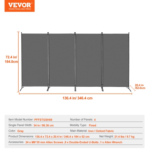 VEVOR Room Divider, 4 Panels Room Divider, Folding Privacy Screen and Portable Partition Divider for Room Separation, Freestanding Room Partitions
