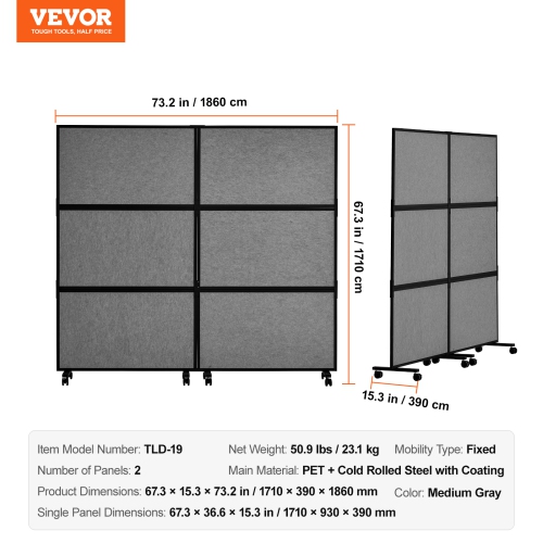 VEVOR 2 Panel Office Divider, Office Partition, Freestanding Office Divider Wall Partition & Privacy Divider Reduce Noise and Room Separation, Dark