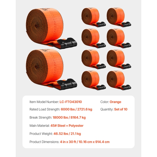 VEVOR 4 in x 30 ft Winch Straps, Truck Straps with Flat Hook, 10 Pack, with 18000 lbs Break Strength, Cargo Tie-Down Straps, for Flatbeds, Trucks,