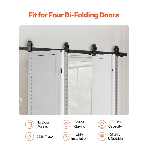 VEVOR 52" Bi-Folding Sliding Barn Door Hardware Track Kit, Top Mount Track Kit, Slide Smoothly, Easy to Install, Suitable for Four 12" Closet Pantry