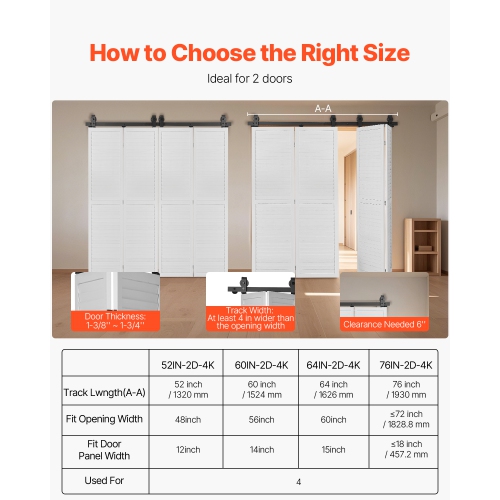 VEVOR 52" Bi-Folding Sliding Barn Door Hardware Track Kit, Top Mount Track Kit, Slide Smoothly, Easy to Install, Suitable for Four 12" Closet Pantry