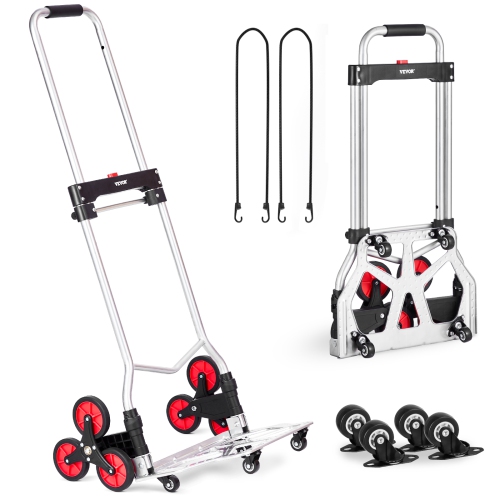 VEVOR 260 lbs Capacity Stair Climber Hand Truck and Dolly, Heavy-Duty Folding Trolley Cart with Telescoping Handle, 10 Wheels & 2 Elastic Ropes for