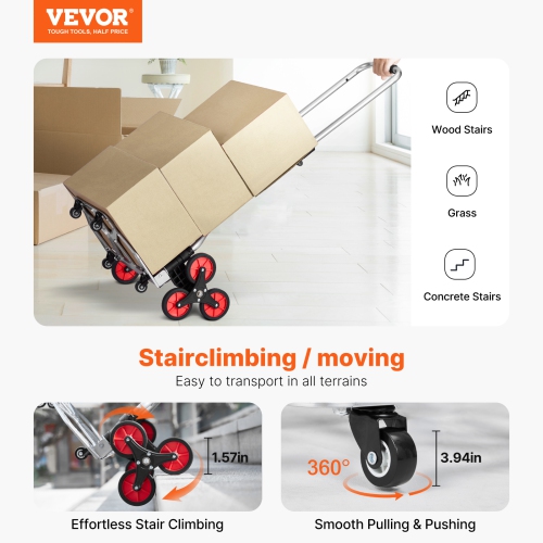VEVOR 260 lbs Capacity Stair Climber Hand Truck and Dolly, Heavy-Duty Folding Trolley Cart with Telescoping Handle, 10 Wheels & 2 Elastic Ropes for