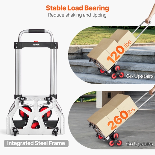 VEVOR 260 lbs Capacity Stair Climber Hand Truck and Dolly, Heavy-Duty Folding Trolley Cart with Telescoping Handle, 10 Wheels & 2 Elastic Ropes for