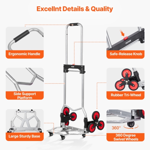 VEVOR 260 lbs Capacity Stair Climber Hand Truck and Dolly, Heavy-Duty Folding Trolley Cart with Telescoping Handle, 10 Wheels & 2 Elastic Ropes for