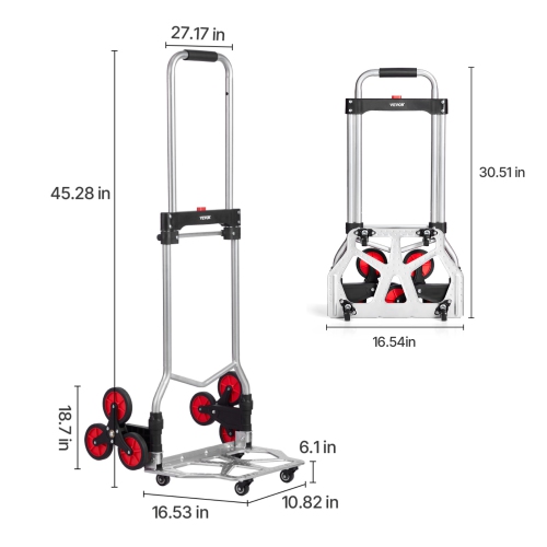VEVOR 260 lbs Capacity Stair Climber Hand Truck and Dolly, Heavy-Duty Folding Trolley Cart with Telescoping Handle, 10 Wheels & 2 Elastic Ropes for
