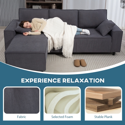 HOMCOM – Canapé modulaire avec chaise longue ajustable, canapé en coin en L de 95&nbsp;po en velours côtelé, ressorts ensachés, 2 oreillers, canapé 3