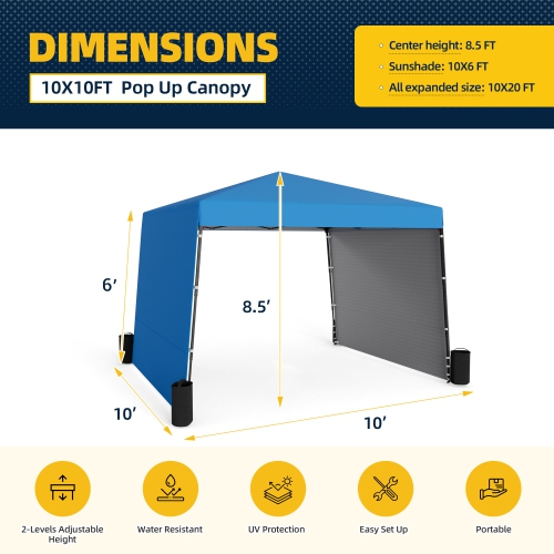 EROMMY 10x10 FT Pop Up Canopy Tent with 2 Sidewalls - Waterproof Instant Shelter for Outdoor Events, Farmers Markets, Backyard Parties - Blue