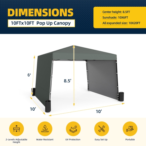 Tente commerciale de 10 x 10 pi EROMMY – Pare-soleil étanche de protection UV, 2 parois latérales incluses, tente escamotable à configuration rapide