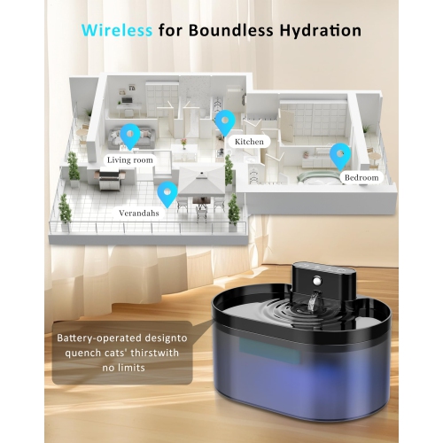Wireless Cats Fountain Battery Operated Automatic Water Dispenser 2.2L Capcacity