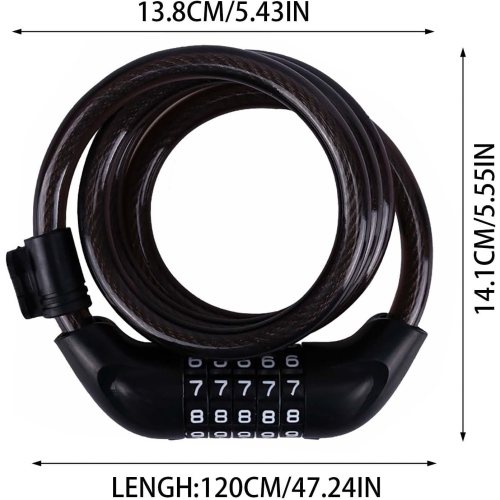 Bike lock, 4-foot long weatherproof heavy duty anti-theft security bike chain lock, 5-position resettable coil cable lock for locking mountain bike