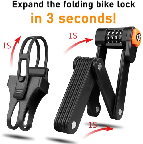 Folding bicycle lock, 4 digit combination anti-theft lock, heavy duty alloy steel, anti-scratch coating, waterproof, rust-proof, foldable bicycle