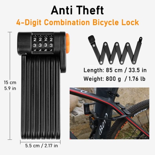 Folding bicycle lock, 4 digit combination anti-theft lock, heavy duty alloy steel, anti-scratch coating, waterproof, rust-proof, foldable bicycle