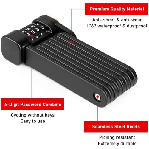 Folding bicycle lock, 4 digit combination anti-theft lock, heavy duty alloy steel, anti-scratch coating, waterproof, rust-proof, foldable bicycle