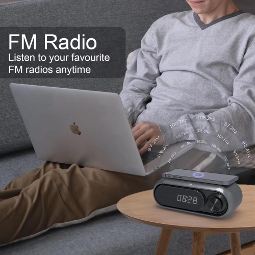 Portable Bluetooth Speaker with Clock, 30 Levels of Volume, LED Time Display, 10W Wireless Charging and USB Charger, Multi-Function Digital Clock