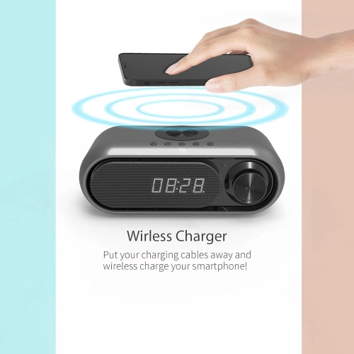 Portable Bluetooth Speaker with Clock, 30 Levels of Volume, LED Time Display, 10W Wireless Charging and USB Charger, Multi-Function Digital Clock