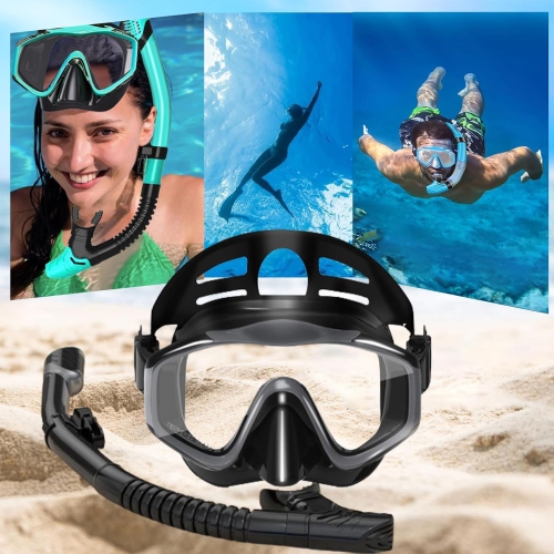 snorkeling two-piece set Tempered glass diving goggles + full dry breathing tube Anti-wave and anti-fog Ergonomic design Silicone mouthpiece Easy to
