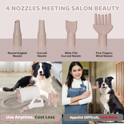 1700W Pro Pet Dryer - 75m/s Turbo Wind, 70dB Quiet, Negative Ion & 4 Nozzles - Stepless Speed Control with 78" Heatproof Hose for Dogs/Cats