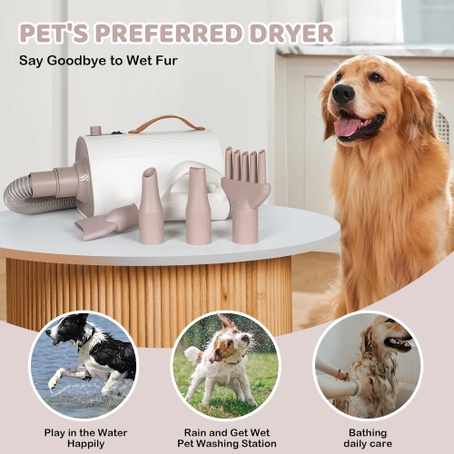 1700W Pro Pet Dryer - 75m/s Turbo Wind, 70dB Quiet, Negative Ion & 4 Nozzles - Stepless Speed Control with 78" Heatproof Hose for Dogs/Cats