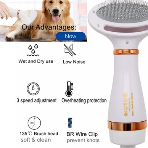 2-in-1 Pet Hair Dryer & Brush - 3 Temp Settings, 60dB Quiet, Safe for Dogs/Cats - Detangle & Dry Fast with Ergonomic Design