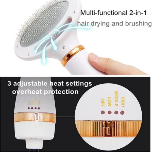 2-in-1 Pet Hair Dryer & Brush - 3 Temp Settings, 60dB Quiet, Safe for Dogs/Cats - Detangle & Dry Fast with Ergonomic Design